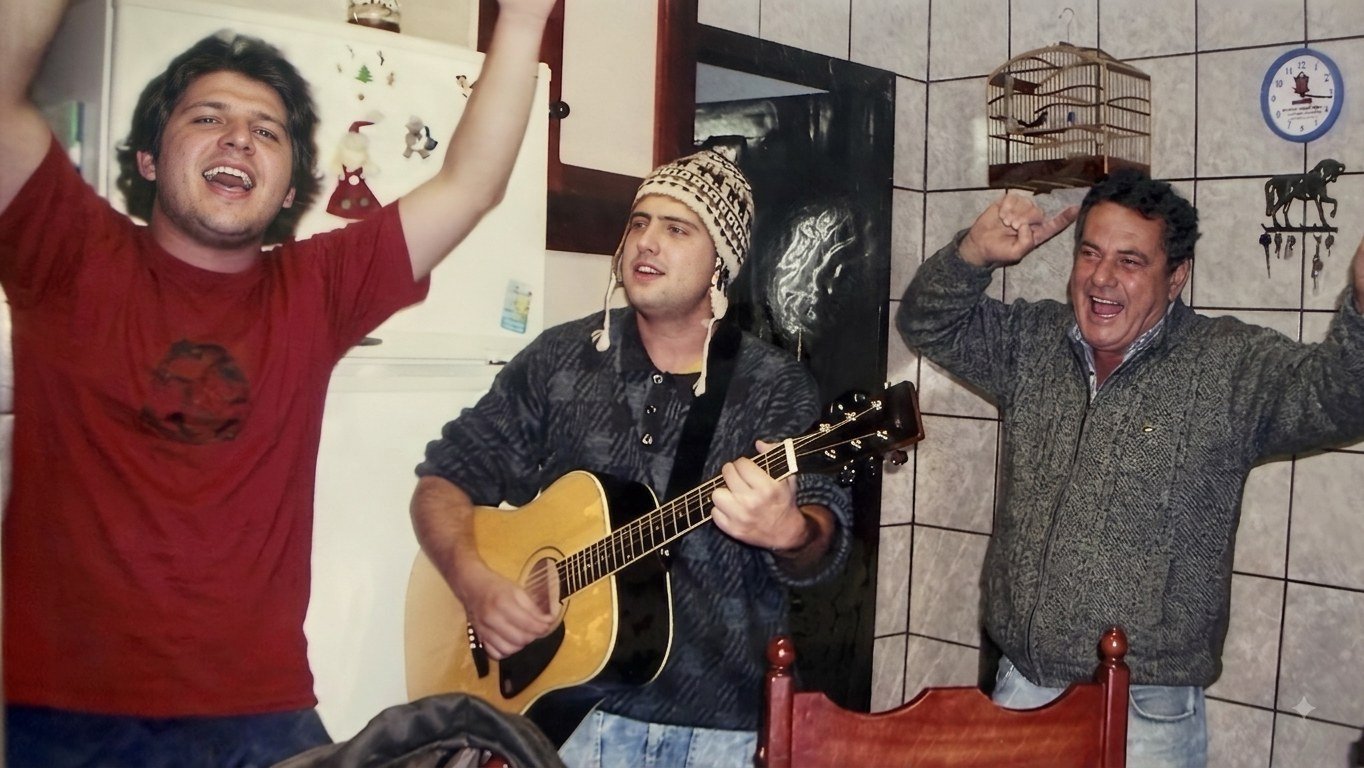 Deco Batisti cantando e tocando violão em casa com a família