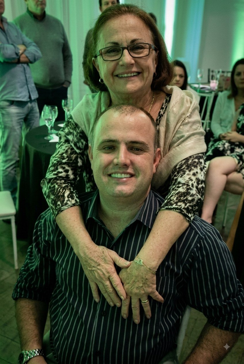 Deco Batisti abraçado pela mãe, dona Cecília